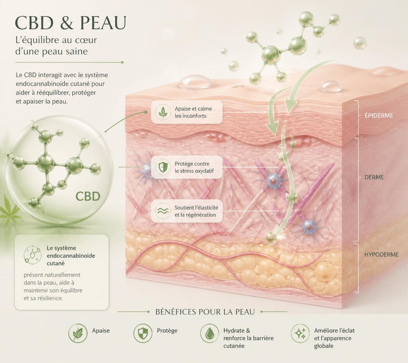 d&eacute;couvrez comment le cbd agit sur la peau, ses bienfaits potentiels pour l'hydratation, l'apaisement des irritations et la lutte contre les imperfections.